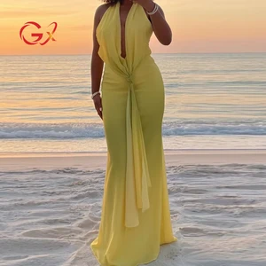 GX11672 Fashion Women Boutique Gradient Printed Backless Long Dress Sleeveless Halter Deep V Elegant Evening Maxi Dresses
