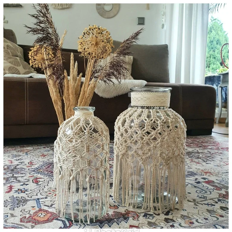 PH1010 Free Samples Custom Holders Bottle Covers Macrame Candle Cover Holder Macrame Jar Covers