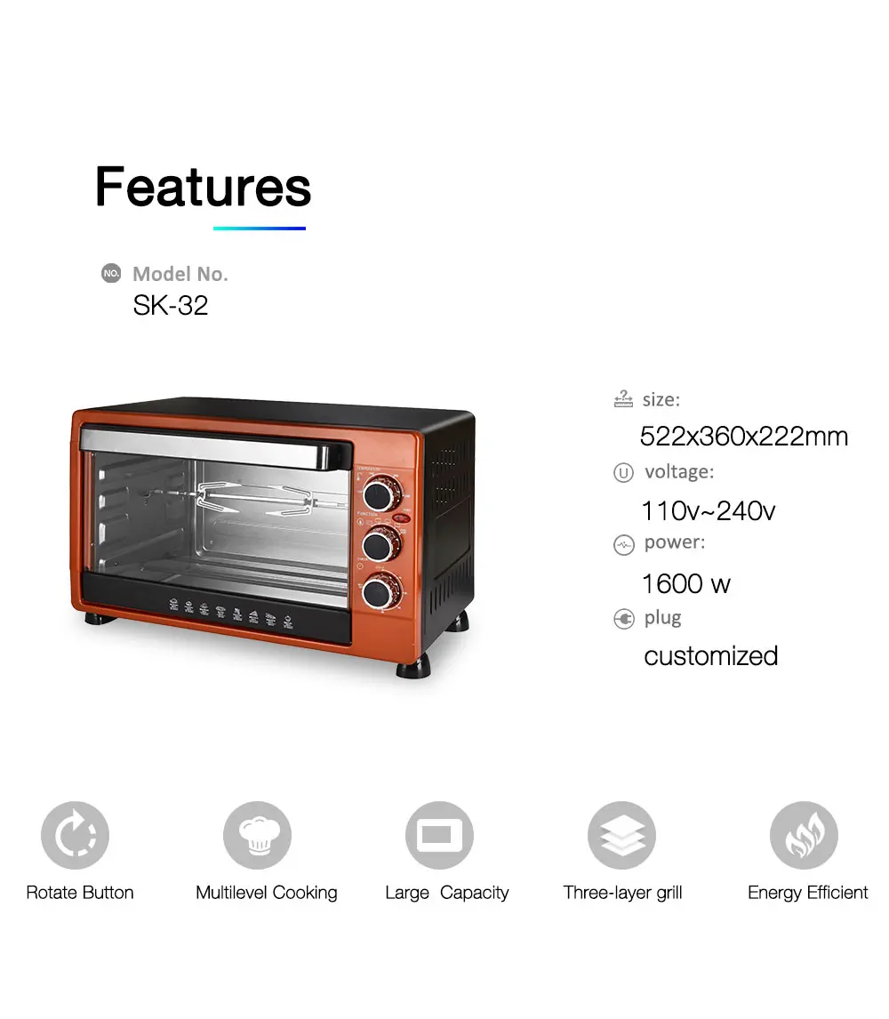 Andong 30l Countertop Home Baking Toaster Electric Oven With