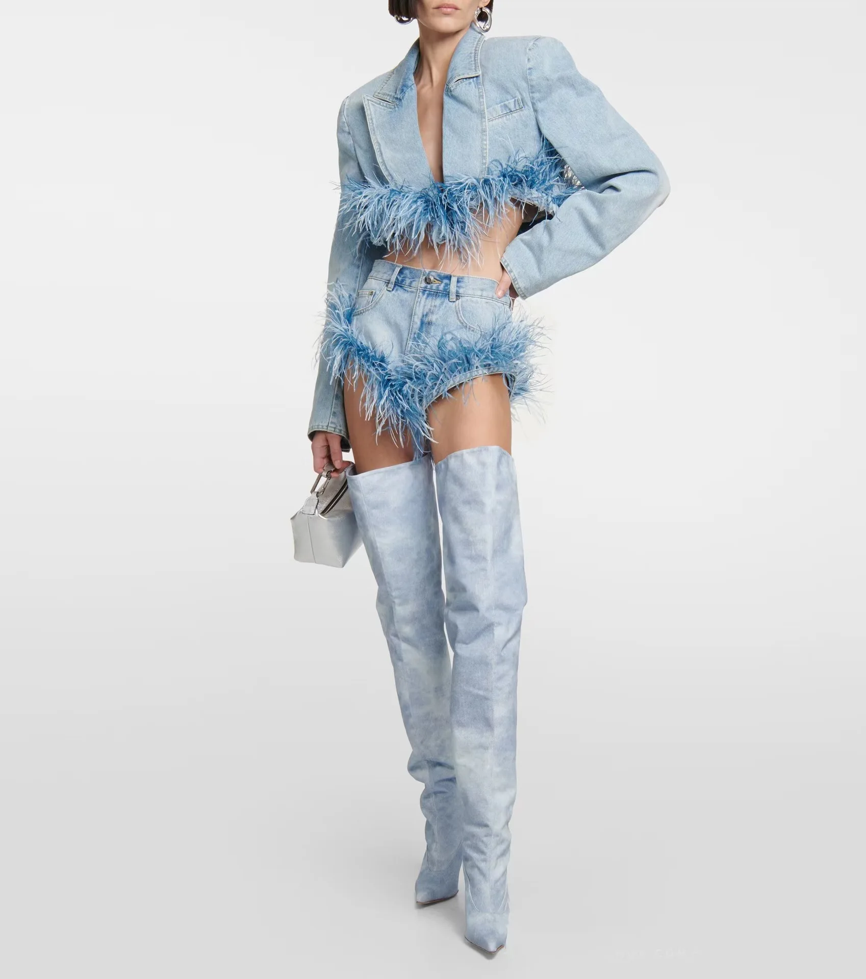 Fashion Winter Ladies Fold Wide Fit Blue Denim Thigh High Shoes Women Over The Knee High Boots - Image 6