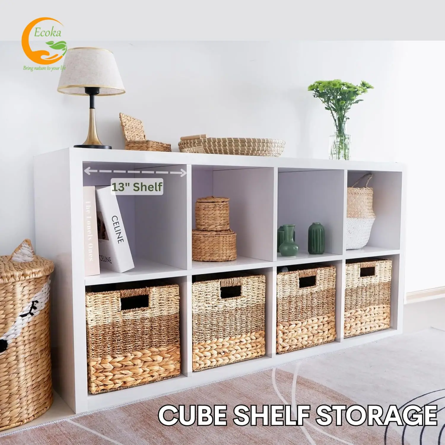 Wicker Storage Cubes with Liners Water Hyacinth Storage Baskets for Shelving, Handwoven Square Baskets with Built-in Handles