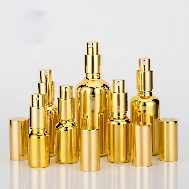 High-end 5ml 10ml 15ml 20ml 30ml 50ml 100ml gold glass essential oil bottles with spray
