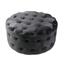 Custom Wholesale Grey Velvet Pouffe Stool Indoor Morocco Round Ottoman Footstoool Poufs With Button