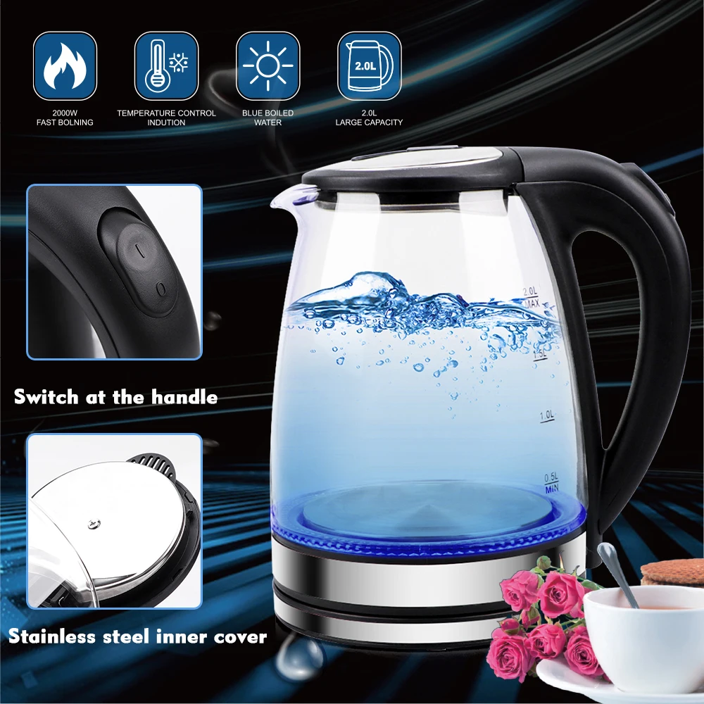 2L Electric Kettle Fast Hot Boiling Stainless Steel 2000W Smart