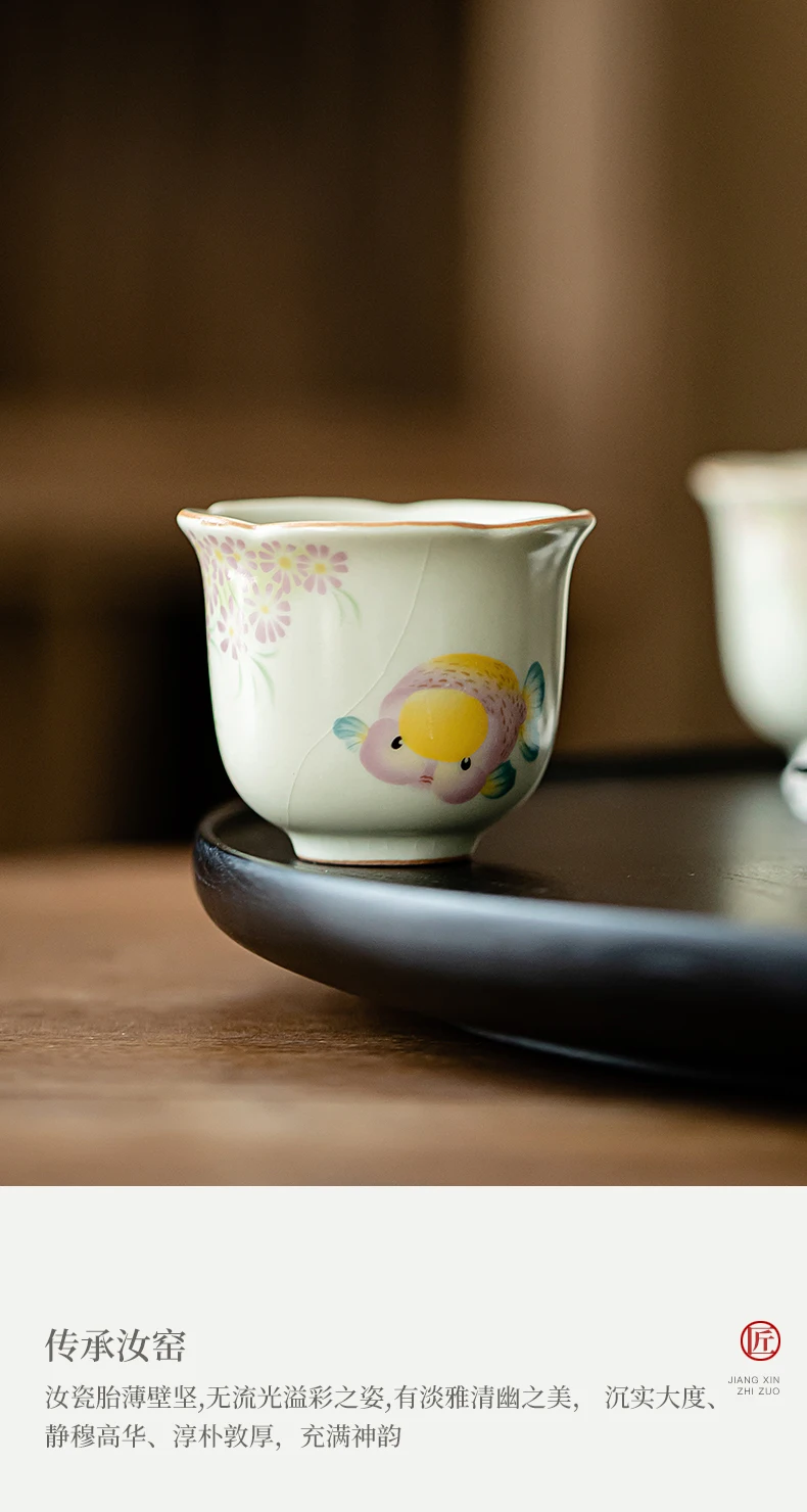 Goldfish Master Eco-Friendly Home Porcelain Tea Cup Set Handcrafted Single Cup with Ceramic Flower Saucer for Tea & Coffee