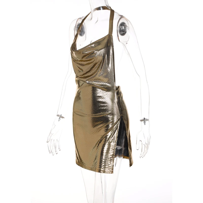 Lagerfe D217593w Bling Glitter Women Halter Mini Dress Side Slit ...