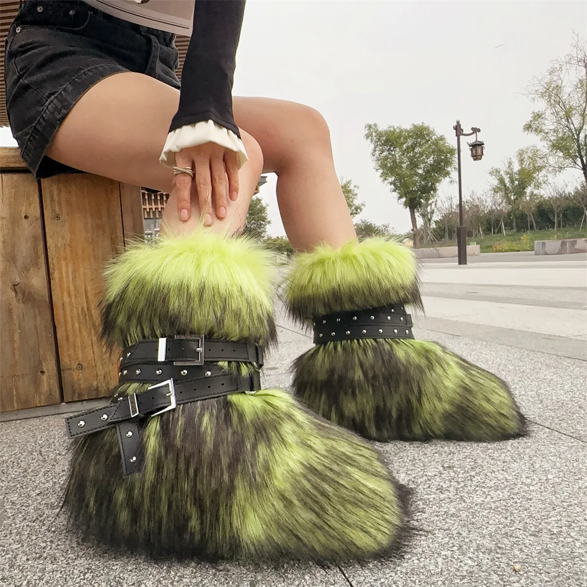 Y2K Punk Ankle Boots with Imitation Rivet Fur & Flat Heel