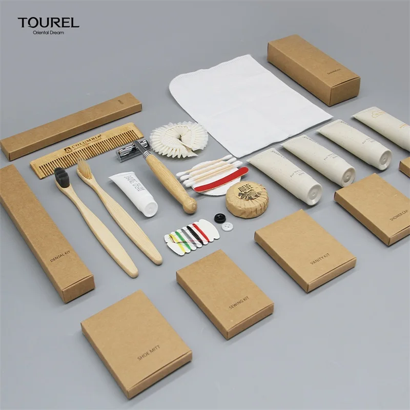 Custom Logo Luxury Kraft Paper Disposable Toiletries Shower Cap Comb Hotel Guest Room Supplies Set  for Boutique Resort