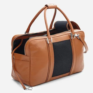Custom Logo Pebble Leather Luxury Brown Cognac Fashion Pet Carrier Travel Dog Weekender Bag