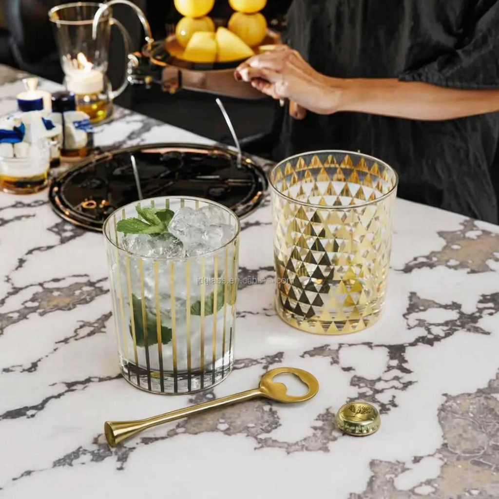 Gorgeous Gold Patterned Drinking Pint Glasses Stripe and Geometric Triangle Design for Barware Collection
