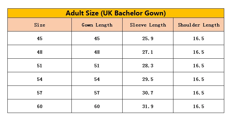 Comprehensive size chart for UK bachelor graduation gown