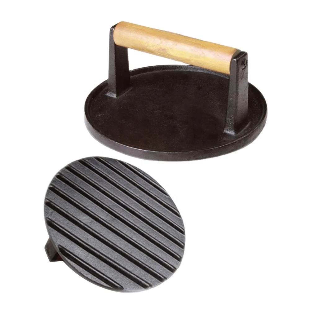 BBQ-Toro Cast Iron Meat Weights 21 x 11 cm 1.0 kg Burger Barbecue Weight with Wooden Handle 