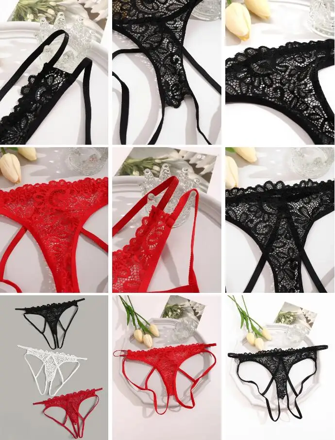 Finetoo Pcs Set Sexy Floral Lace Sheer Thongs Low Waist Open Crotch G String Panties For Women