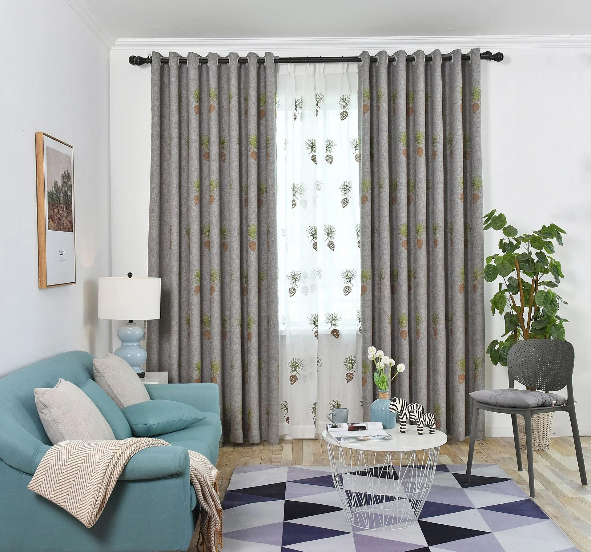 High Quality Embroidered Curtain Polyester Linen Pine Cones Embroidered Decorative Curtains for the Living Room