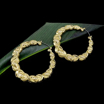 Wholesale retro 14K Gold Plated Big Large XOXO Heart Geometric Bamboo Hoop Earrings For Women