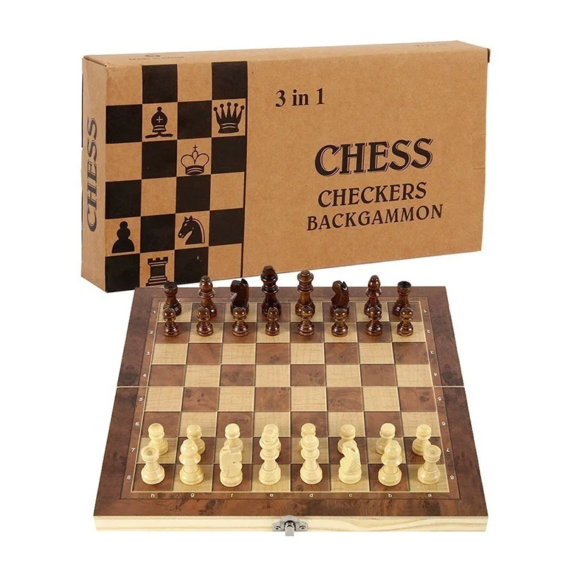 Backgammon Checkers Travel Group Game Chess Chessboard Game Chess Set High Quality Wooden Three in One Portable Folding 3 in 1