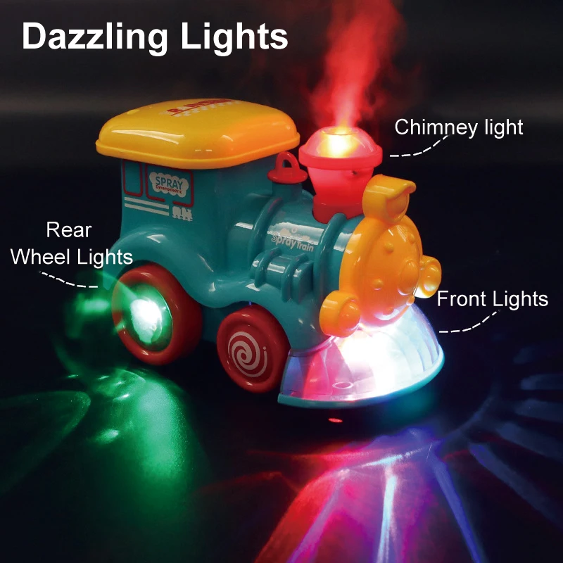Battery Operated Bump & Go Action Train Toys With Flashing Light Music and Spray Electric Train Toy for Kids