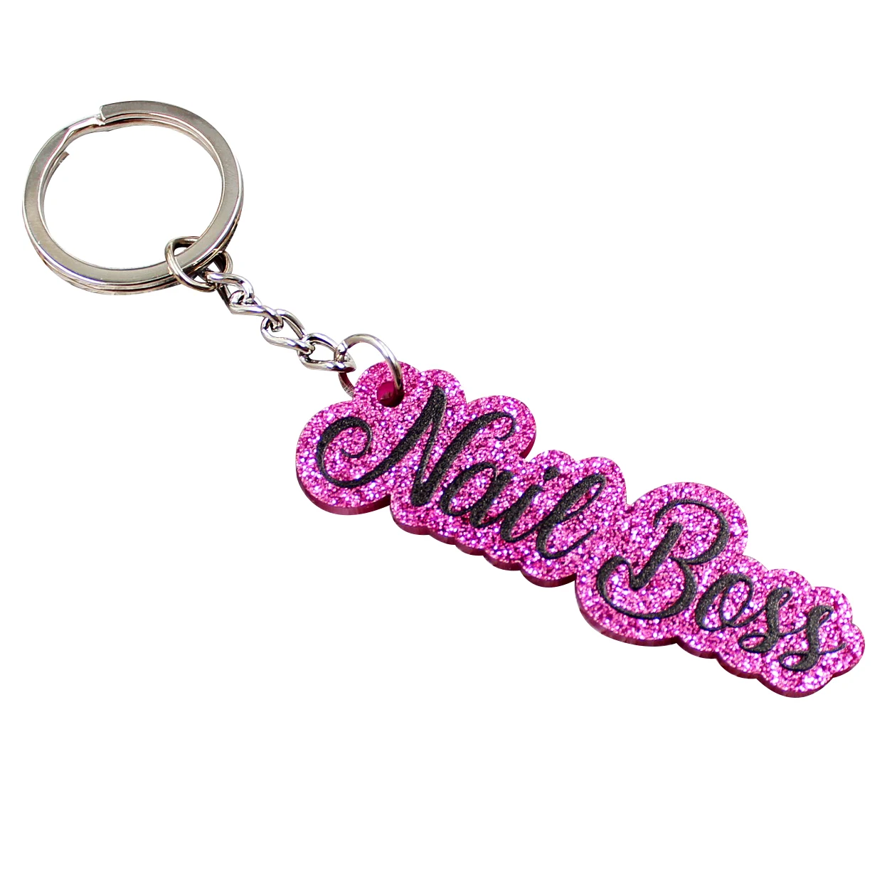 KHS074KC038 Factory best selling Nail Boss Keychain with Long Ring UV Print Glitter Acrylic Keychain