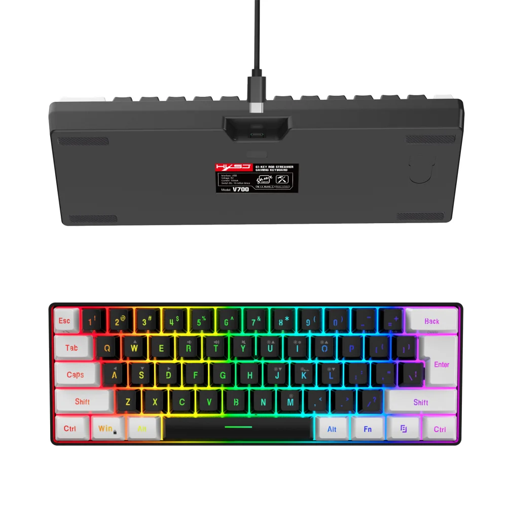 HXSJ V700 61 Key Membrane Keyboard Mini Ergonomic Rgb Mute Usb Interface Gaming Wired Keyboard for Laptop and Office