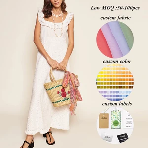 Oem Manufacturer Custom Summer square Neck Sleeveless Long Dresses Women Solid Color Open Back Cotton Lace Trims Maxi Dress