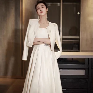 Bettergirl High Quality 2026 Satin White Long Halter Dress Luxury French Sequin Short Women's Coats Elegant Party Women's Suits