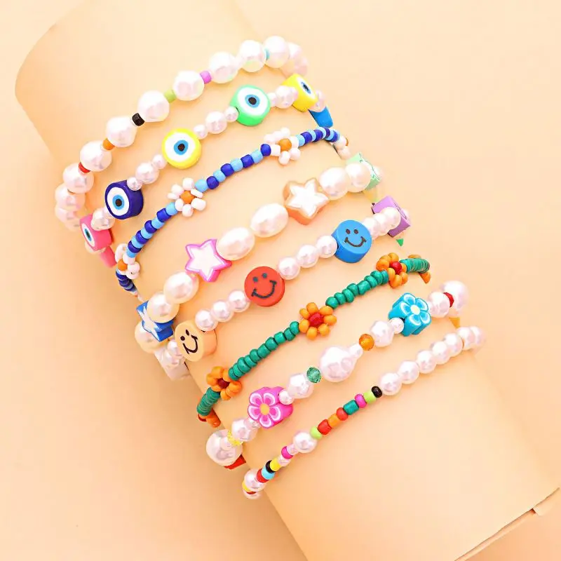 6PCS Y2K Bracelets Kandi Smiley Face Rainbow Acrylic Vietnam