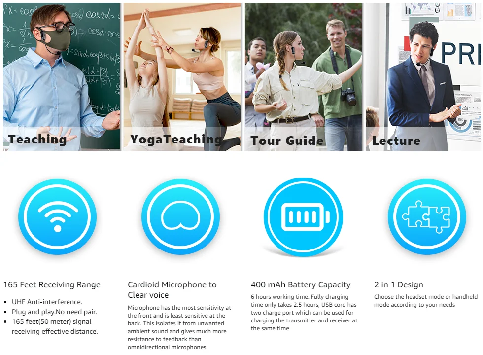 Bietrun Wireless Microphone Headset With 1/4''plug,165ft Range,Uhf