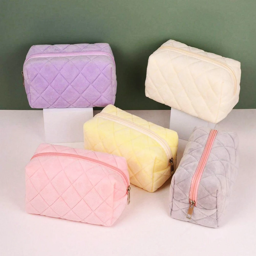 Women Zipper Soft Cotton Large Quilted Cosmetic Bag Pink Solid Color Cosmetic Bag Travel Make up Toiletry Bag