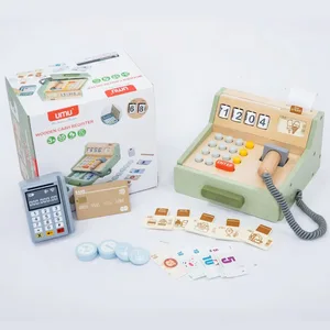 Children's Wooden Shopping Checkout Toy Set Coin-Operated Supermarket Cash Register Vending Makeup Pretend Play for Preschoolers