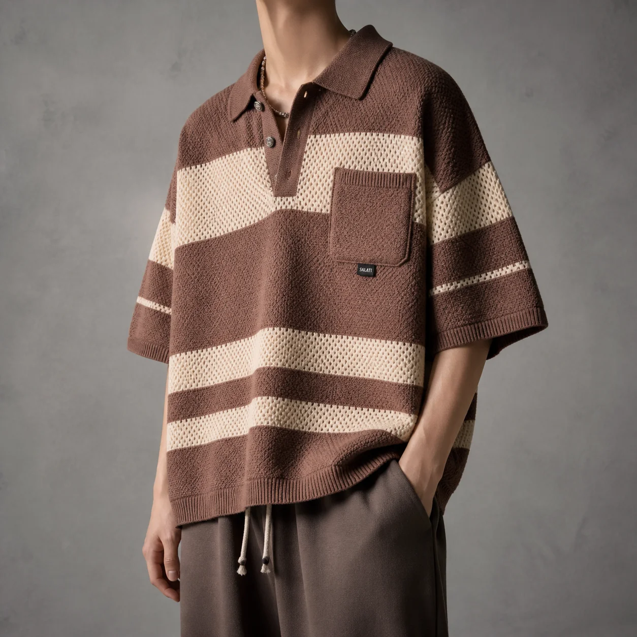 Wholesale Mens Two Piece Set Brown Striped Crochet Knit Polo Shirt Shorts Relaxed Summer Matching Apparel Men Casual Sets gallery 2
