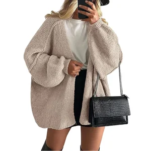 Women's Lightweight Oversized Wool Cardigan Sweater Knitted with Open Front Long Lantern Sleeves Casual Print for Spring & Fall