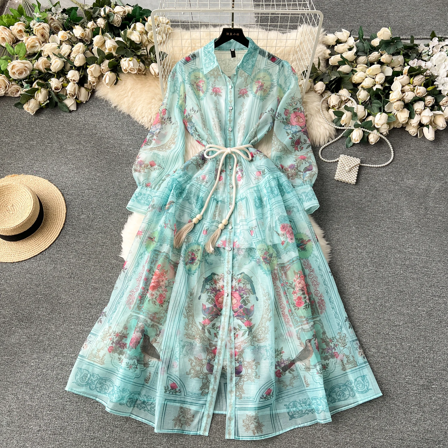 ZT1116 Women's Long Baroque Pattern Dress New Design Casual Dress Lace  Button Decoration Sweet Style Woven Natural Plain Dyed