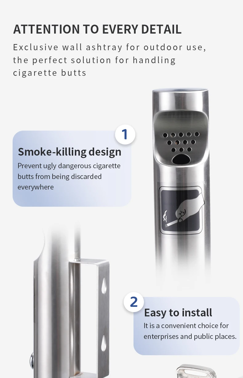 Wall Mounted Ashtrays for Outdoors Ashtray Stainless Steel Wall Ashtray with Lock for Patio, Restaurant, Hotel