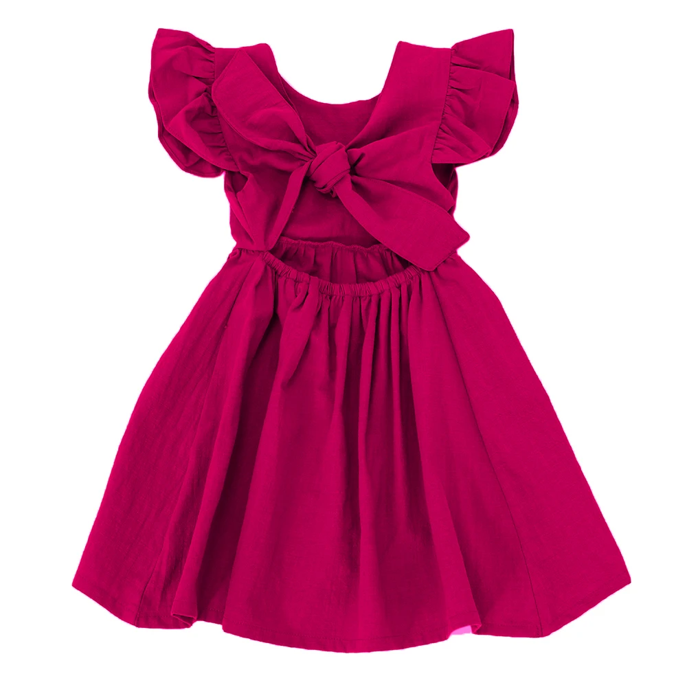 OEM-Сервис, льняной Сарафан для маленьких девочек, одежда, повседневное Плиссированное Платье для малышей, однотонное винтажное платье с открытой спиной для маленьких девочек