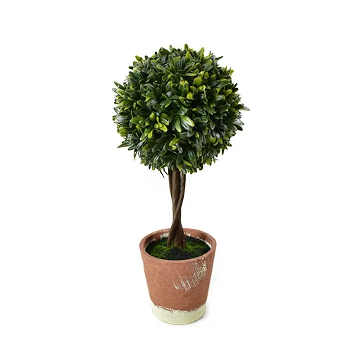 Artificial Boxwood Topiary Tree  Potted Faux Plant Balls in Brown Pulp Planter Tabletop Home