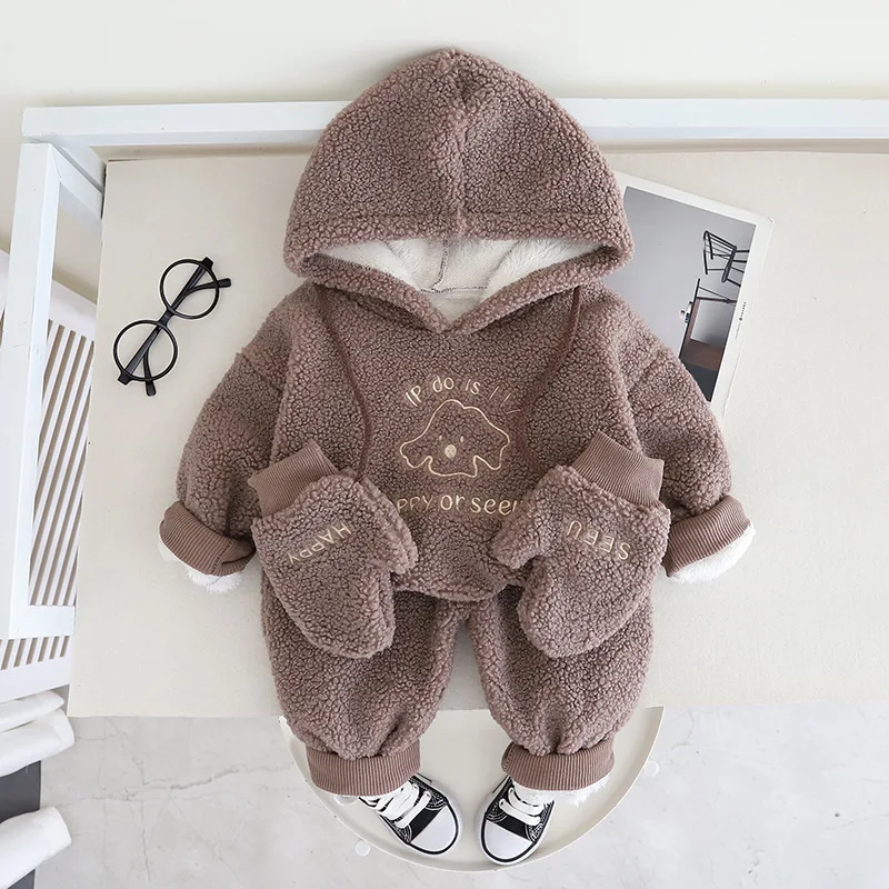 Factory Price Winter Plush Kids Clothes Sets Casual Hooded Top and Pants 2 Pieces Warm Boys Clothes Sets With Glove