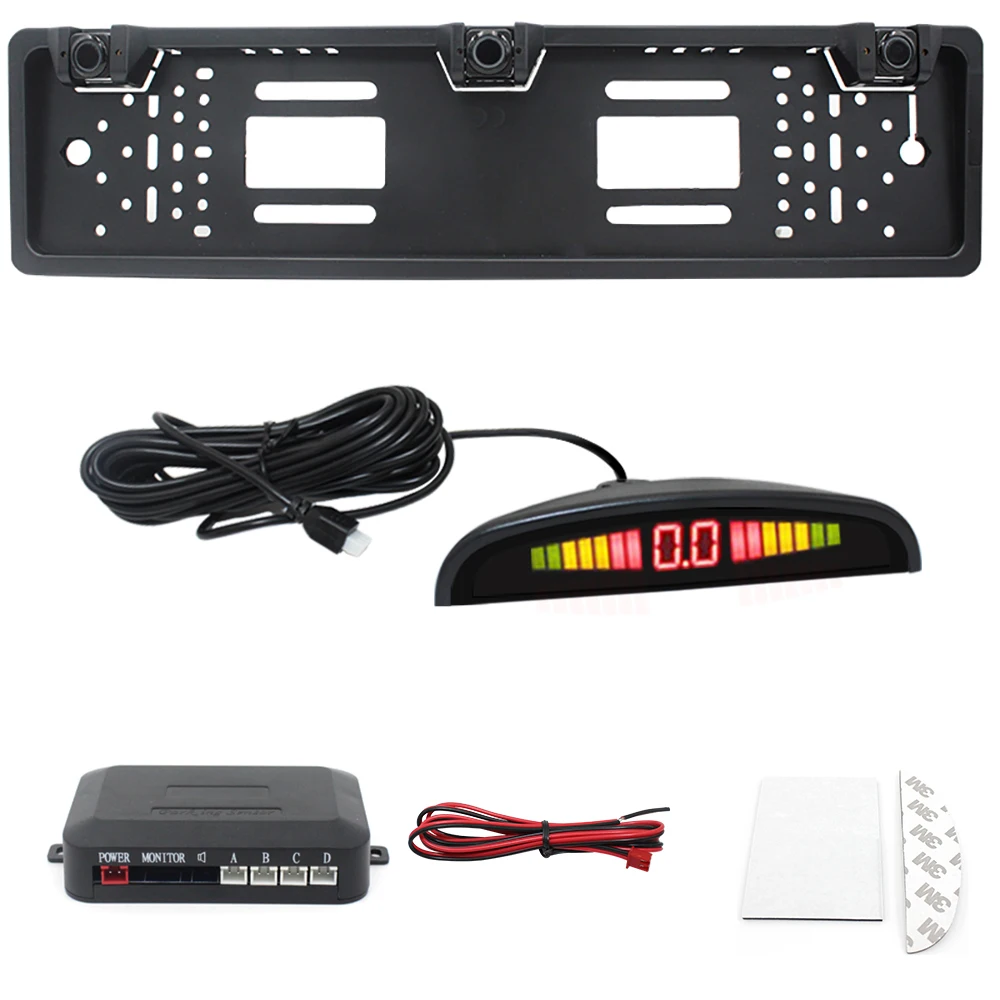Car Parking Sensor Kit Auto Reversing Radar European License Plate Camera Front Back Electromagnetic Monitor System 3 Sensors
