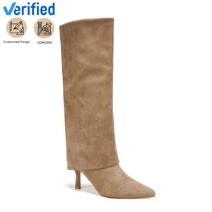 Trendy Women's Taupe Suede Convertible Knee-High Over-the-Knee Boots Stiletto Heel Pointed Toe Height Increasing for Winter