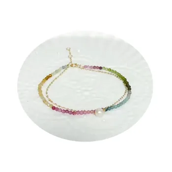 Fashion popular rainbow bracelet 18k gold natural tourmaline and pearl multilayer bracelet