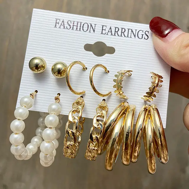 Lefeng Trendy Gold Metal Earrings Set For Women Fashion Geometric Pearl ...