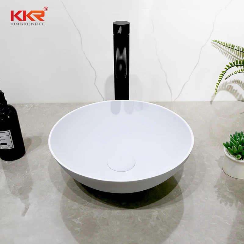 Matt White Artificial Stone Resin Bathroom Sink Acrylic Solid Surface Small Round Above Counter