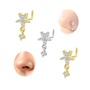New Design Flower Dangle Nose Stud Ring L Shaped Stainless Steel Nose Piercing Fashion Body Jewelry for Women Men