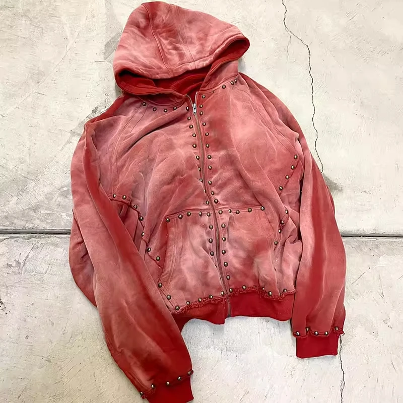 Custom High Quality 500gsm Black Rhinestone Zip up Hoodie Men Oversized Autumn Hooded Sun Faded Crystal Acid Wash Hoodies Men gallery 3