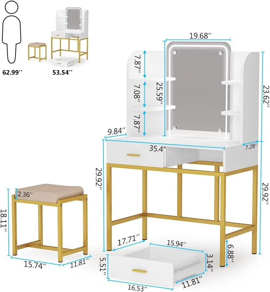 Unique Symmetrical Design Led Light Mirror Golden Iron Frame Simple Iron Dressing Table