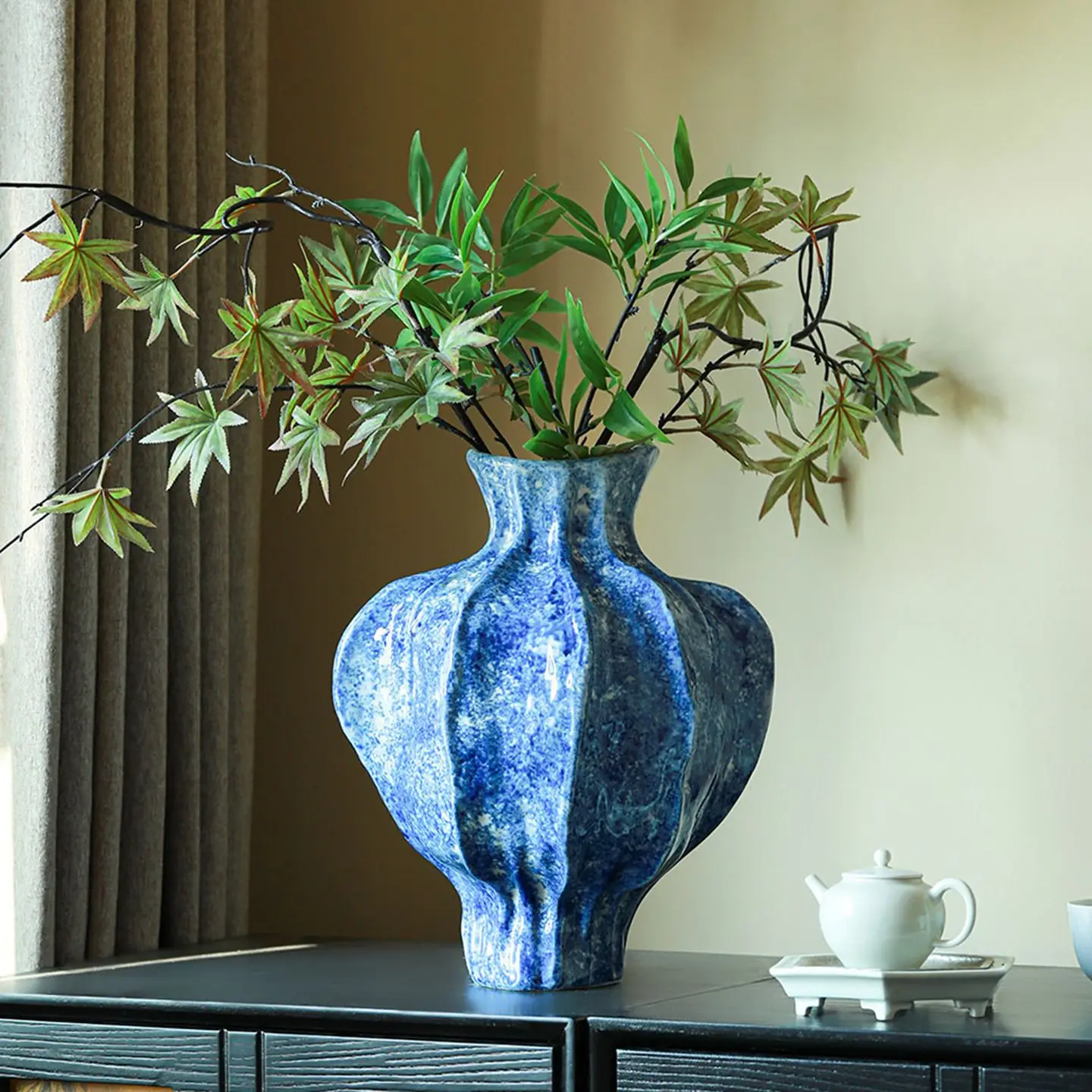 Blue Ceramic Vase with Fluted Texture Marbled Glaze Finish Modern Artistic Home Decor Living Room Flower Arrangement Centerpiece