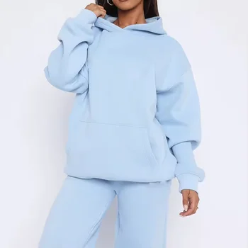 Oversize women hoodie suits elastic waist sweatpants 2pcs solid color drop shoulder pullovers with pocket warm fabric lady's set