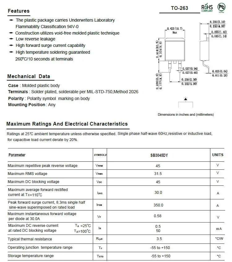 45py Diode 30A 45V Schottky Barrier Rectifier Diode SB3045DY - Xuyang