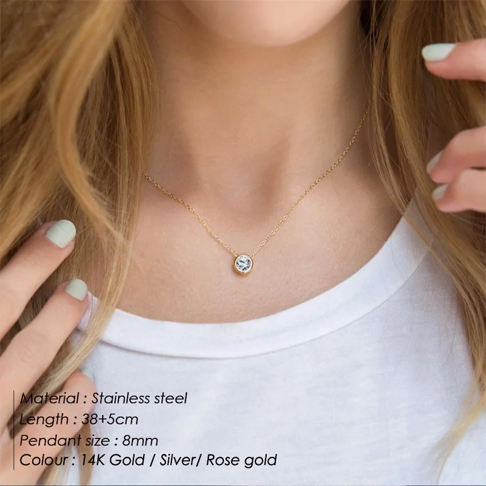 Shiny Colorful CZ Birthstone Necklace Round Stainless Steel Link Chain Necklace Boutique Birth Stone Zircon Necklace for Women