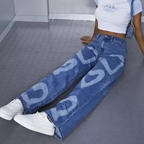 High Waist Heart Print Washed Wide Leg Jeans Vintage Jeans High Quality Loose Straight Jeans