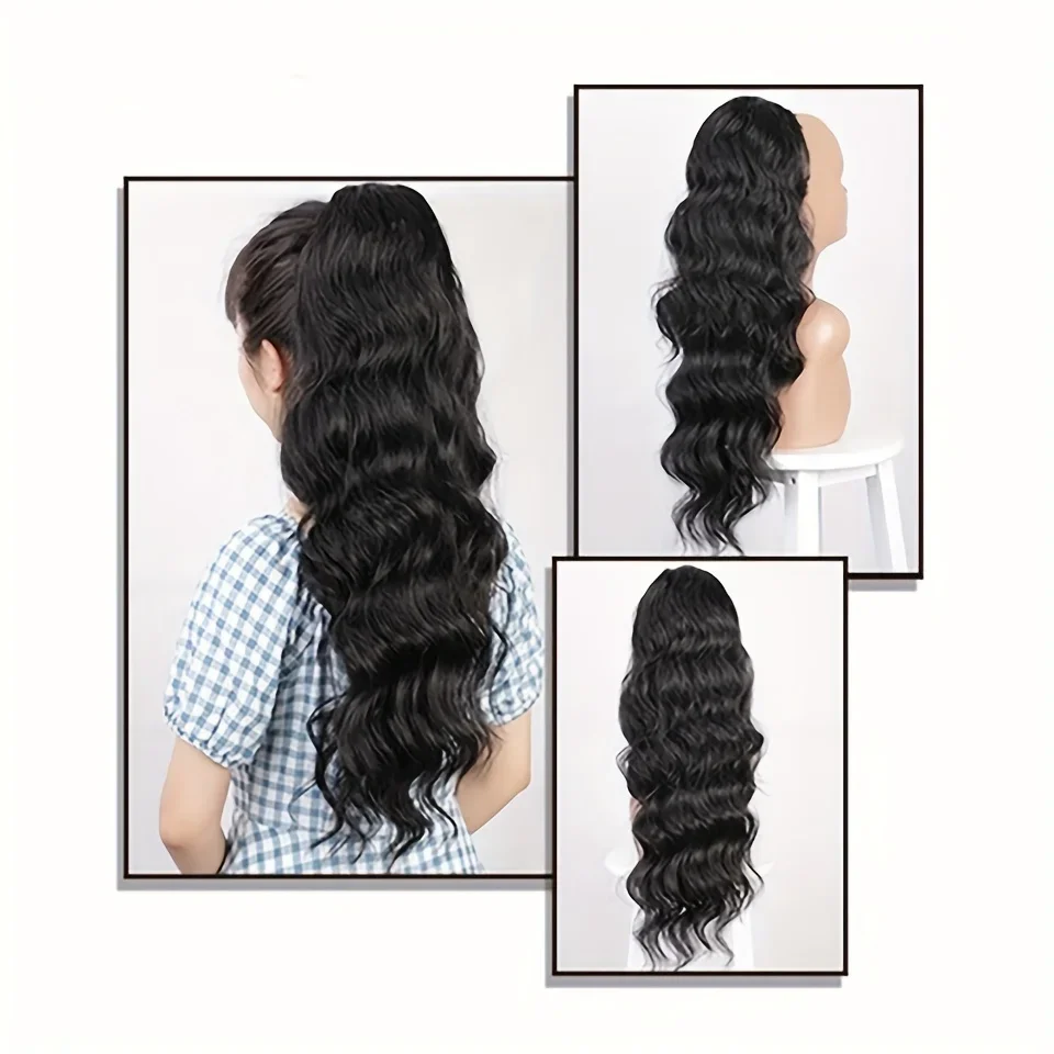 Human Hair Body Wave Drawstring Ponytail Extension Natural Black_voghion.com